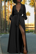 Black Casual Solid Slit V Neck Waist Skirt Dresses