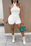 White Sexy Sportswear Solid Patchwork Asymmetrical Halter Sleeveless Two Pieces