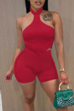 Red Sexy Sportswear Solid Patchwork Asymmetrical Halter Sleeveless Two Pieces