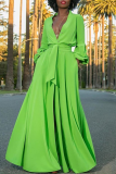 Green Casual Solid Slit V Neck Waist Skirt Dresses