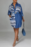 Light Blue Fashion Casual Print Patchwork Turndown Collar Denim Dress