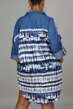 Light Blue Fashion Casual Print Patchwork Turndown Collar Denim Dress