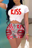 White Fashion Casual Letter Lips Printed Basic O Neck Short Sleeve Two Pieces