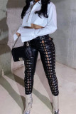 Black Fashion Sexy Solid Hollowed Out Skinny High Waist Pencil Trousers