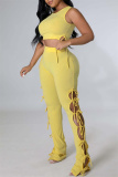 Yellow Fashion Casual Solid Bandage O Neck Sleeveless Two Pieces