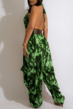 Green Sexy Print Patchwork Backless Halter Loose Jumpsuits(Without Belt)
