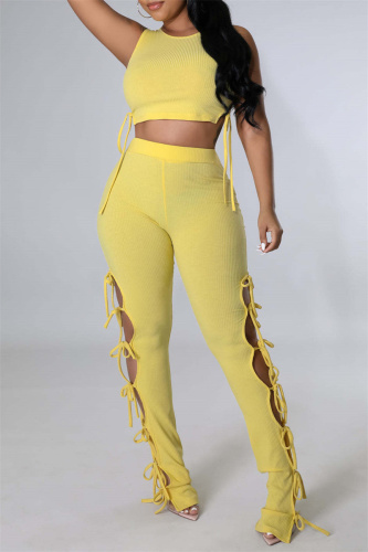 Yellow Fashion Casual Solid Bandage O Neck Sleeveless Two Pieces