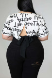 Black Sexy Street Print Bandage Patchwork Backless O Neck Plus Size Tops
