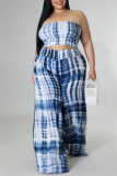 Blue Sexy Casual Print Tie Dye Backless Strapless Plus Size Two Pieces