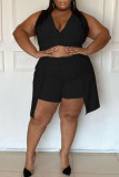 Black Sexy Solid Patchwork Buttons Asymmetrical V Neck Plus Size Two Pieces(Without Belt)