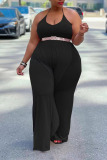 Black Sexy Solid Patchwork Backless Flounce Halter Plus Size Jumpsuits