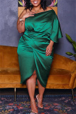 Ink Green Fashion Plus Size Solid Patchwork Backless Fold Oblique Collar Irregular Dress