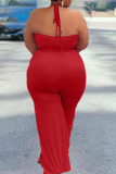 Pink Sexy Solid Patchwork Backless Flounce Halter Plus Size Jumpsuits