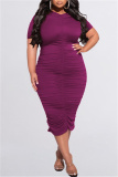 Purple Fashion Casual Plus Size Solid Fold O Neck Short Sleeve Dress