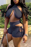 Grey Fashion Sexy Solid Bandage Hollowed Out Backless Halter Sleeveless Two Pieces