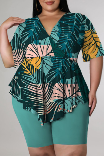 Green Fashion Casual Print Asymmetrical V Neck Plus Size Two Pieces