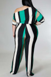 Green Casual Striped Print Patchwork Oblique Collar Plus Size Jumpsuits