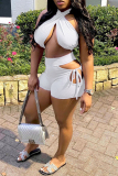 Grey Fashion Sexy Solid Bandage Hollowed Out Backless Halter Sleeveless Two Pieces