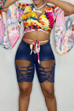 Deep Blue Fashion Sexy Solid Ripped Hollowed Out High Waist Skinny Denim Shorts