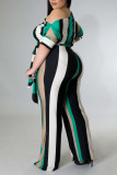 Green Casual Striped Print Patchwork Oblique Collar Plus Size Jumpsuits
