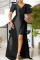 Black Fashion Casual Solid Patchwork Slit Asymmetrical V Neck Evening Dress