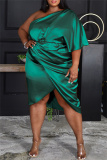 Ink Green Fashion Plus Size Solid Patchwork Backless Fold Oblique Collar Irregular Dress