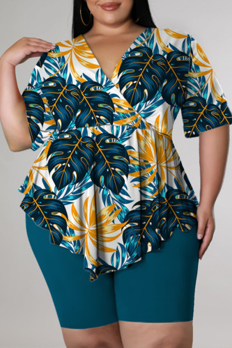 Blue Fashion Casual Print Asymmetrical V Neck Plus Size Two Pieces