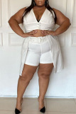 White Sexy Solid Patchwork Buttons Asymmetrical V Neck Plus Size Two Pieces(Without Belt)