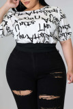 White Sexy Street Print Bandage Patchwork Backless O Neck Plus Size Tops