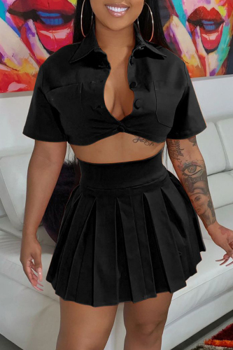 Black Fashion Casual Solid Fold Turndown Collar Short Sleeve Two Pieces