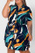 Royal Blue Casual Print Patchwork Buckle Turndown Collar Straight Plus Size Dresses