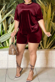 Burgundy Fashion Casual Solid Basic O Neck Short Sleeve Two Pieces