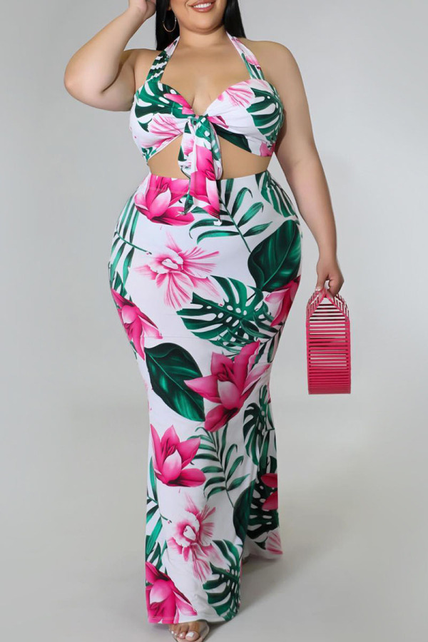 Green Sexy Print Bandage Patchwork Halter Plus Size Two Pieces