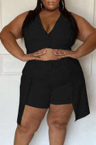 Black Sexy Solid Split Joint Buttons Asymmetrical V Neck Plus Size Two Pieces(Without Belt)