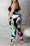 Black Fashion Sexy Print Bandage Hollowed Out Backless Halter Plus Size Two Pieces