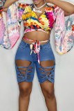 Deep Blue Fashion Sexy Solid Ripped Hollowed Out High Waist Skinny Denim Shorts