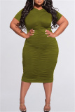 Green Fashion Casual Plus Size Solid Fold O Neck Short Sleeve Dress