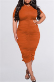 Orange Fashion Casual Plus Size Solid Fold O Neck Short Sleeve Dress