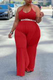 Red Sexy Solid Patchwork Backless Flounce Halter Plus Size Jumpsuits