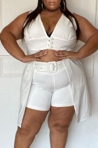 White Sexy Solid Split Joint Buttons Asymmetrical V Neck Plus Size Two Pieces(Without Belt)