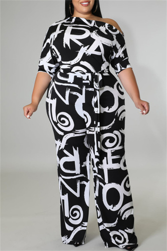 Black Fashion Casual Print Bandage Oblique Collar Plus Size Jumpsuits