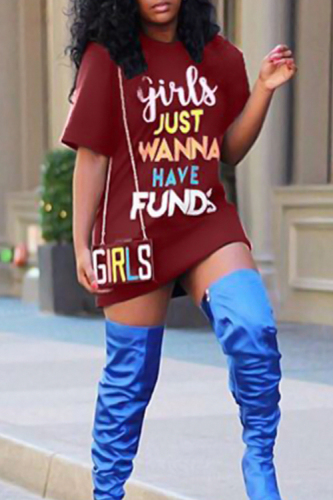 Wine Red Casual Round Neck Letters Printed Mini Dress