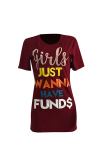 Wine Red Casual Round Neck Letters Printed Mini Dress
