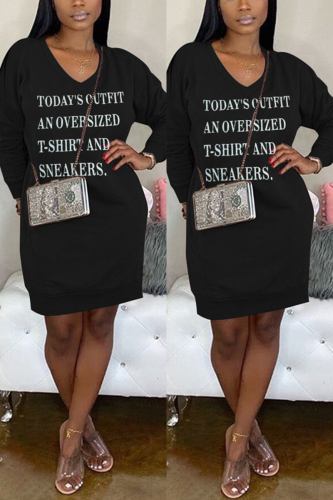 Black adult Casual Fashion Cap Sleeve Long Sleeves V Neck Lantern skirt Knee-Length Patchwork Embro