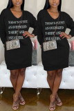 Black adult Casual Fashion Cap Sleeve Long Sleeves V Neck Lantern skirt Knee-Length Patchwork Embro