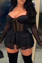 Black Sexy Solid Patchwork See-through Zipper Plus Size Two Pieces