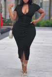 Black Sexy Solid Patchwork Turndown Collar Irregular Dress Plus Size Dresses