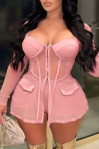 Pink Sexy Solid Patchwork See-through Zipper Plus Size Two Pieces
