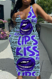 Blue Fashion Sexy Plus Size Letter Lips Printed Basic U Neck Vest Dress