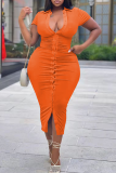 Tangerine Red Sexy Solid Patchwork Turndown Collar Irregular Dress Plus Size Dresses